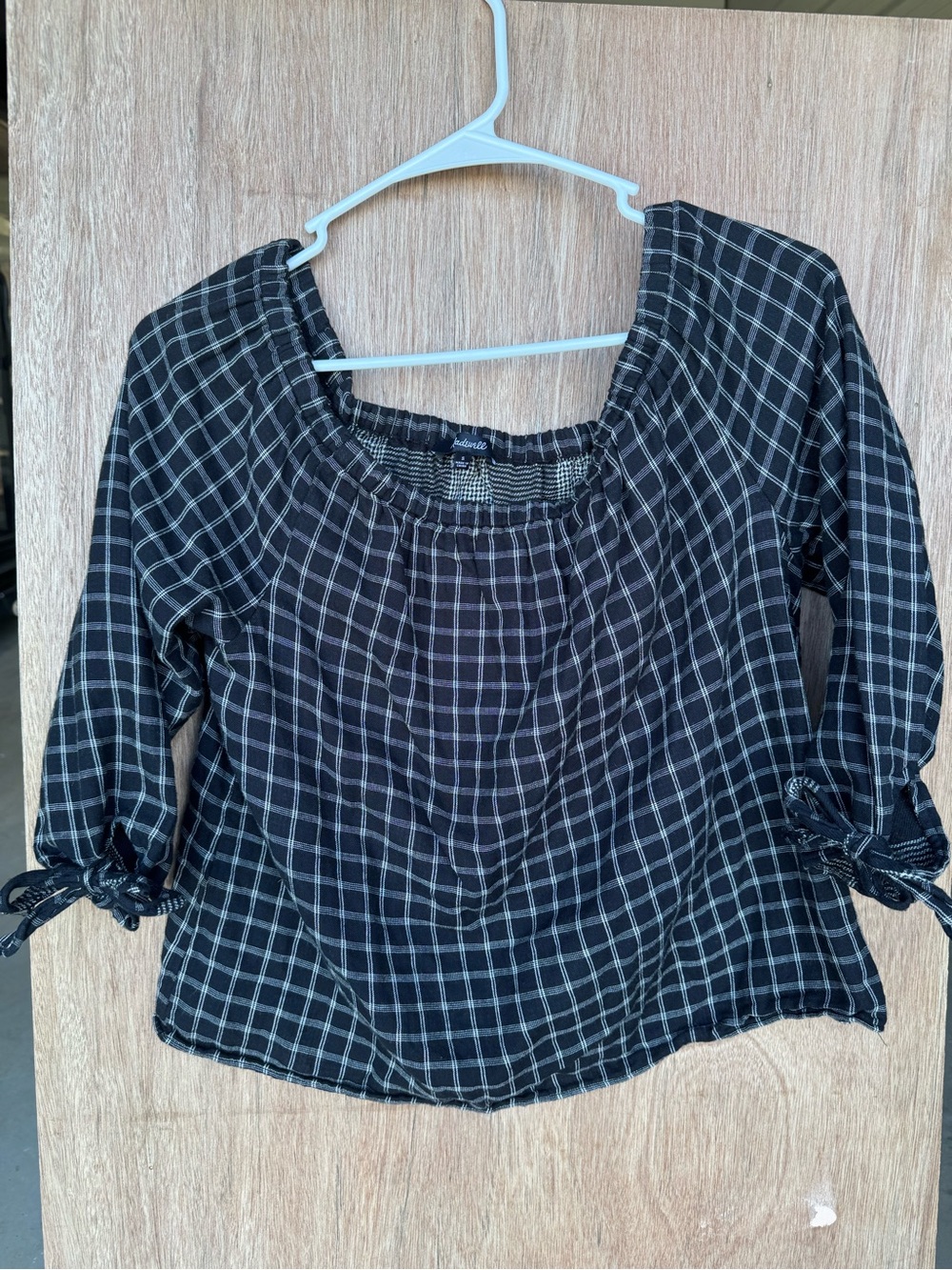Madewell 100% Cotton Black Plaid Off the Shoulder Peasant Blouse